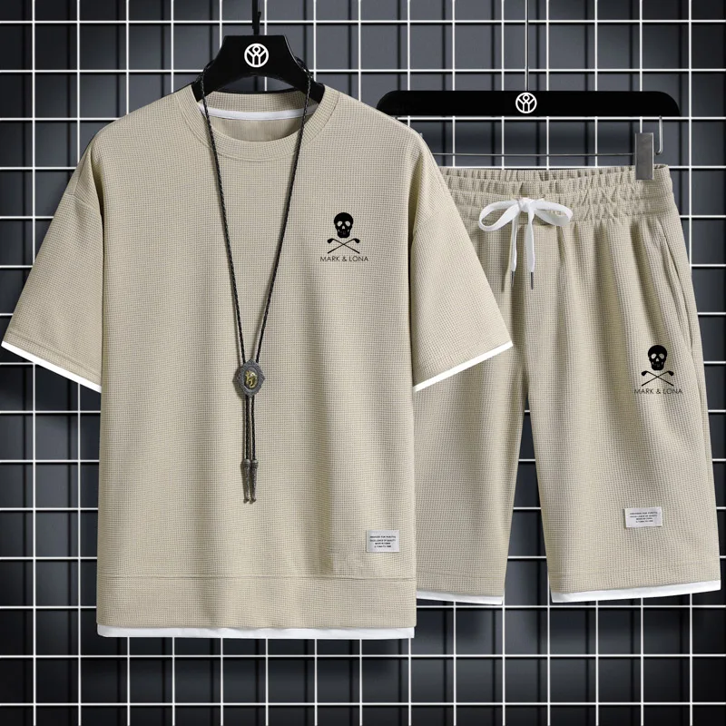 Men's MARK Golf Two Piece LONA Linen Casual T-shirt and Shorts Set Men's Sports Set Fashion Short Sleeve Sports Set