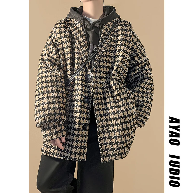 Autumn Plaid Woolen Coat Men Fashion Retro Casual Woolen Jacket Men Streetwear Korean Loose Short Woolen Coat Mens Overcoat