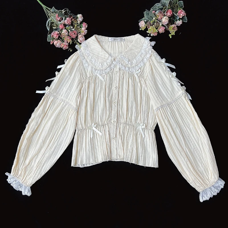Японская милая блузка в стиле &quotЛолита&quot женские кружевные винтажные рубашки с