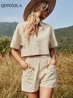 2022 summer cotton linen womens shorts sets fashion casual loose v neck short sleeve t shirt pocket shorts 2 piece set outfits