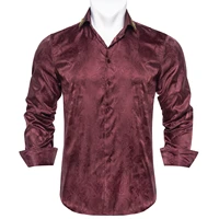 burgury red man shirts silk solid pasiley dress shirt for men fashion slim turn down collar long sleeve casual shirt male blouse