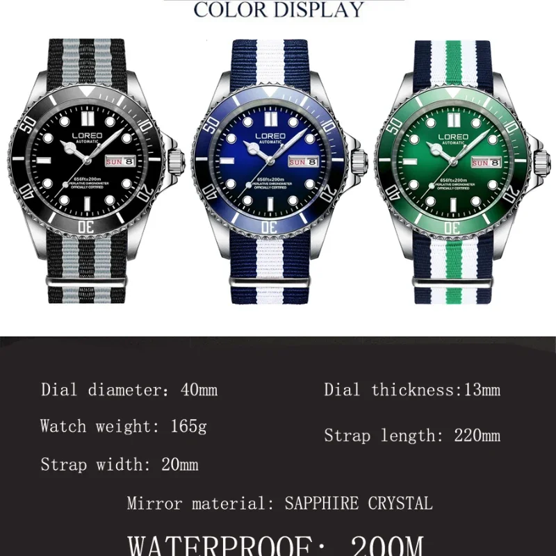 LOREO Роскошные мужские механические наручные часы 200 м водонепроницаемые из