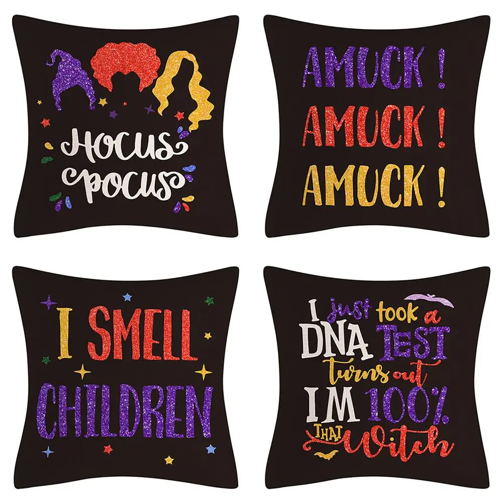 

4pcs Halloween Linen Pillowcase Invisible Zipper Design Machine Washable Throw Pillow Cover For Living Room Sofa Home Decorative