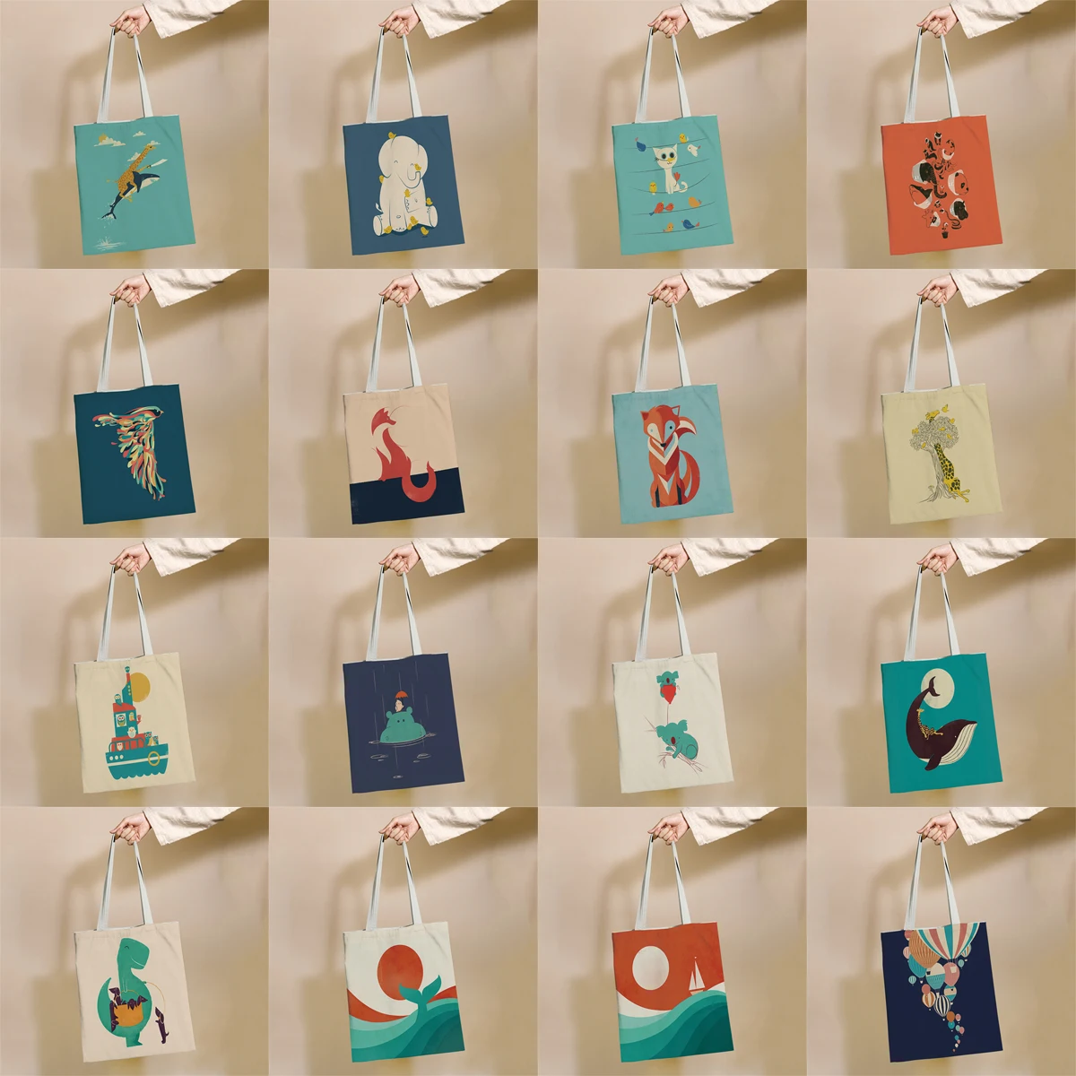 

Cartoon Whale and Fox Pattern Reusable Shopping Bag Canvas Tote Bags Printing Eco Bag Shopper Shoulder Bags