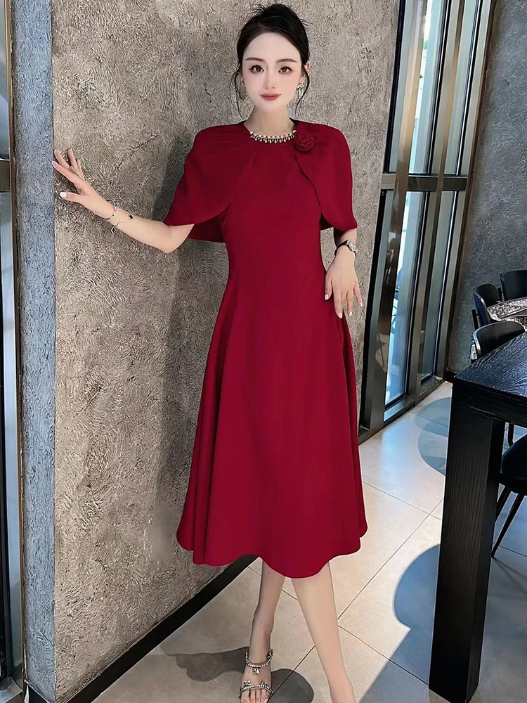 

ZJYT Elegant Luxury Diamonds Midi Red Evening Party Dresses for Women 2023 Cloak Sleeve Formal Occasion Vestidos Feista Cocktail