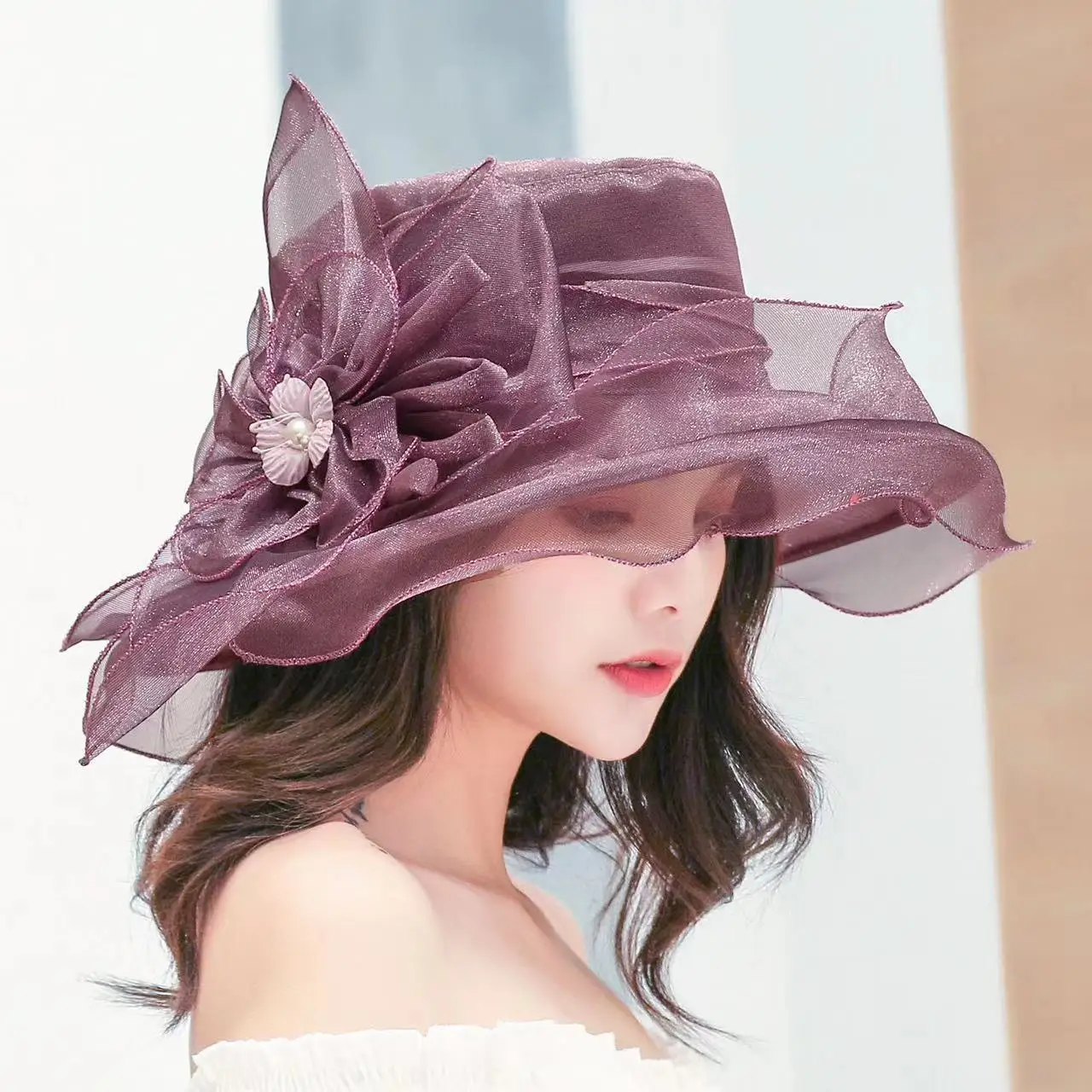 

Summer Organza Wide Brim Sunscreen Kentucky Derby Hats For Women Elegant Flower Sun Hat Church Wedding Party Foldable Beach Cap