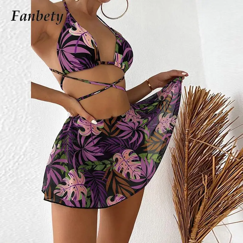 

Fashion Bikini Set+Skirt Cover-ups Swimsuits Summer Leaves Print Lace Up Swimwear Ins Style Cross Halter Bikini Three Piece Sets