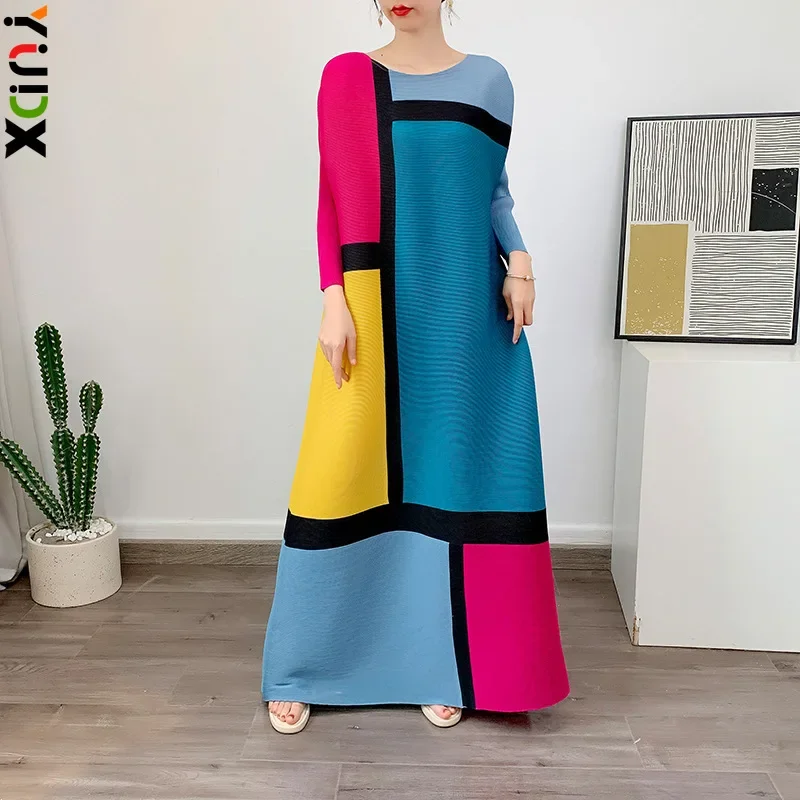 

Женское плиссированное платье миаке, длинное платье контрастных цветов с круглым вырезом и рукавом три четверти, лето 2023
