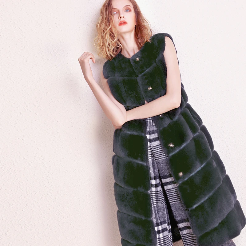 Women Real Rabbit Fur Long Vest Winter Soft Warm Thick Outwear Rex Rabbit Fur Ladies Sleeveless Coat Mid-length Natural Fur Vest