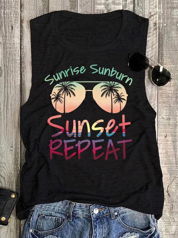 

Women Tank Tops Beach Sleeveless Shirts Sunglasses Sunrise Sunburn Sunset Repeat Letter Graphic Tee Casual Summer Holiday Topi