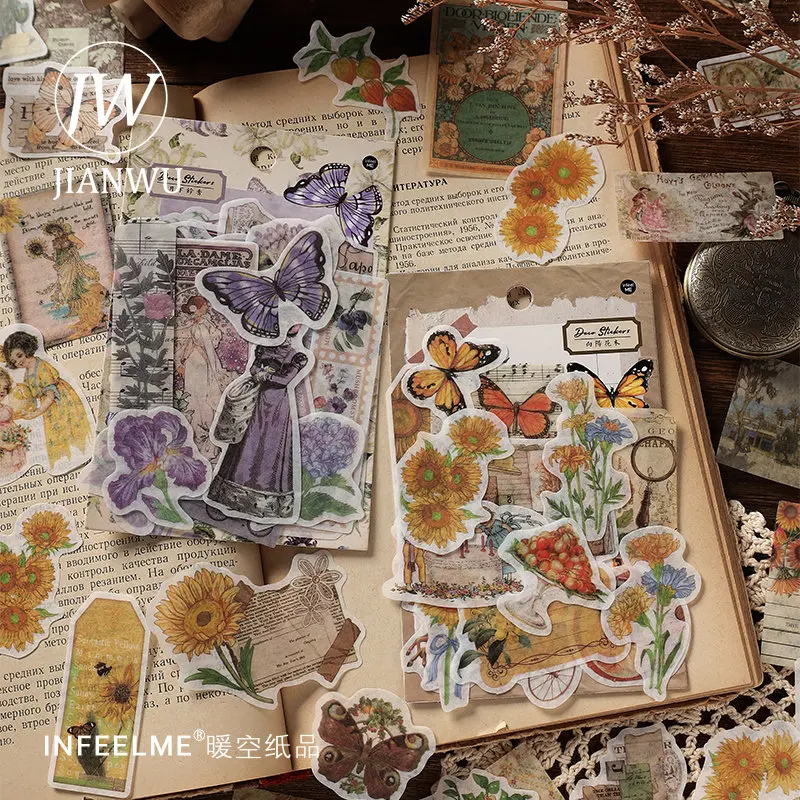

JIANWU 100Sheets Vintage Journal Material Washi Sticker Bag DIY Literature Art Scrapbooking Decoration Retro Stickers Stationery