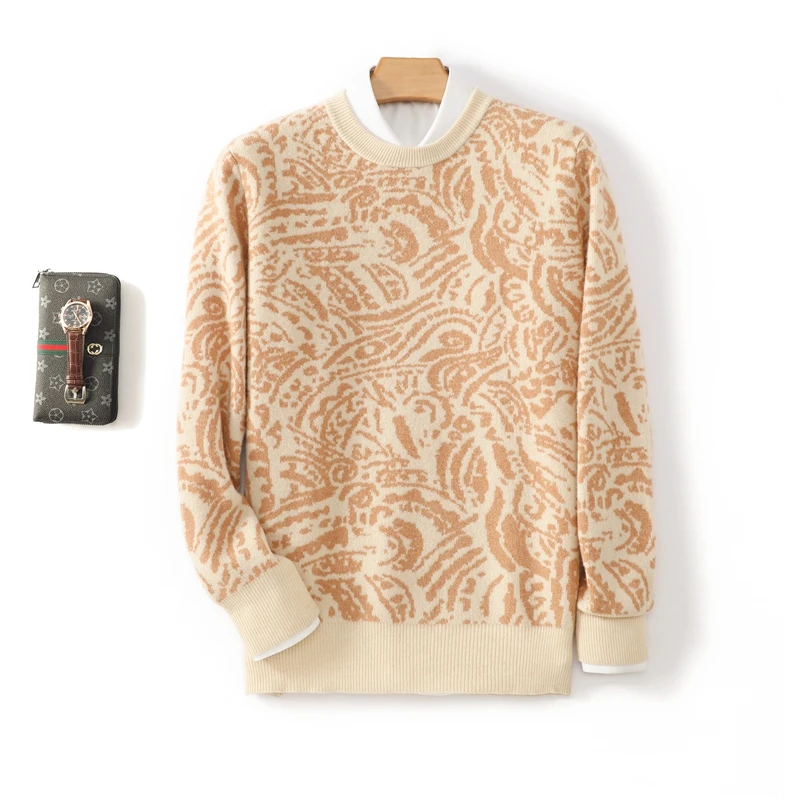 Мужской однотонный шерстяной пуловер контрастных цветов с круглым вырезом