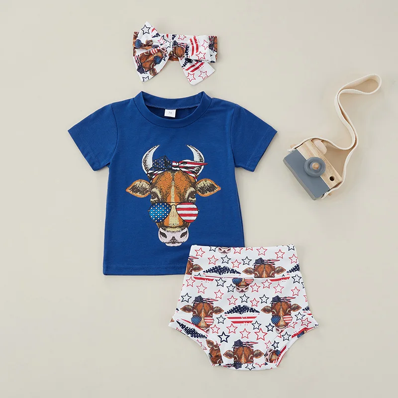 

Модный комплект одежды для новорожденных мальчиков и девочек на День независимости футболка с коротким рукавом и принтом крупного рогатог...