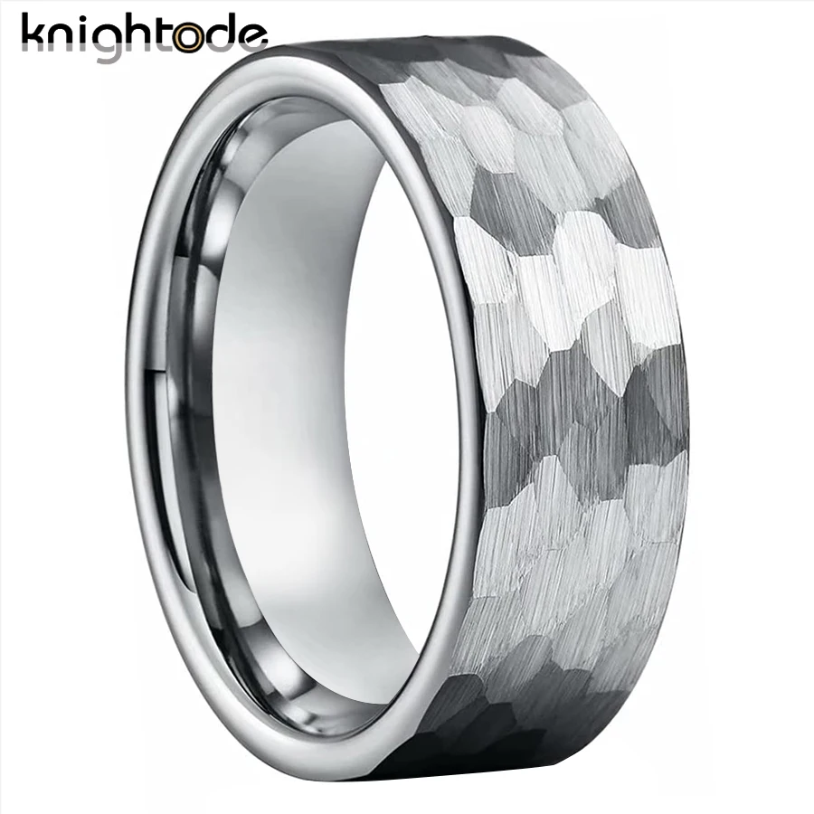 

8mm 6mm Hammered Wedding Band Multi-Faceted Tungsten Carbide Men Women Engagement Rings Silvery Flat Brushed Finish Comfort Fit