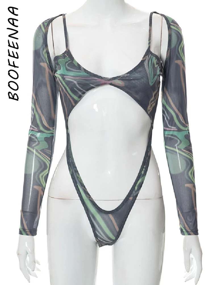 BOOFEENAA See Through Mesh Cutout V Neck Bodysuit Sexy Clubwear Rave Outfits for Woman Long Sleeve Top Festival Clothing C85BI10 images - 6