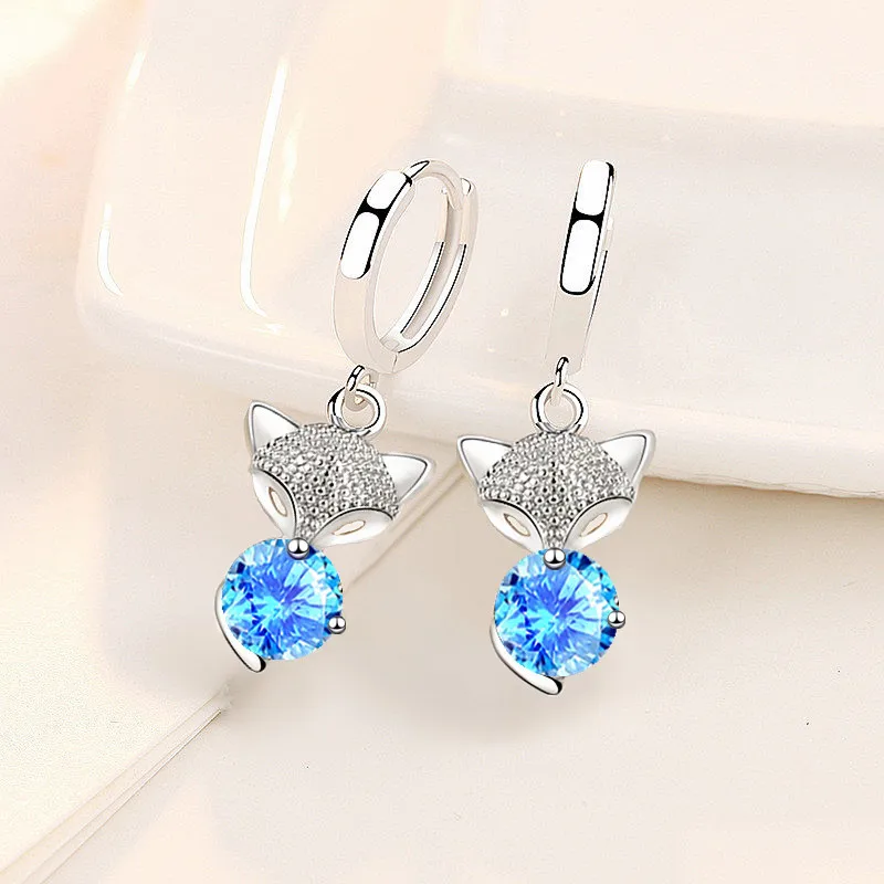 

Wholesale S925 Sterling Silver Trendy Women's Fashion Jewelry High Quality Fox Drop Earrings Blue Pink Crystal Zircon Earrings