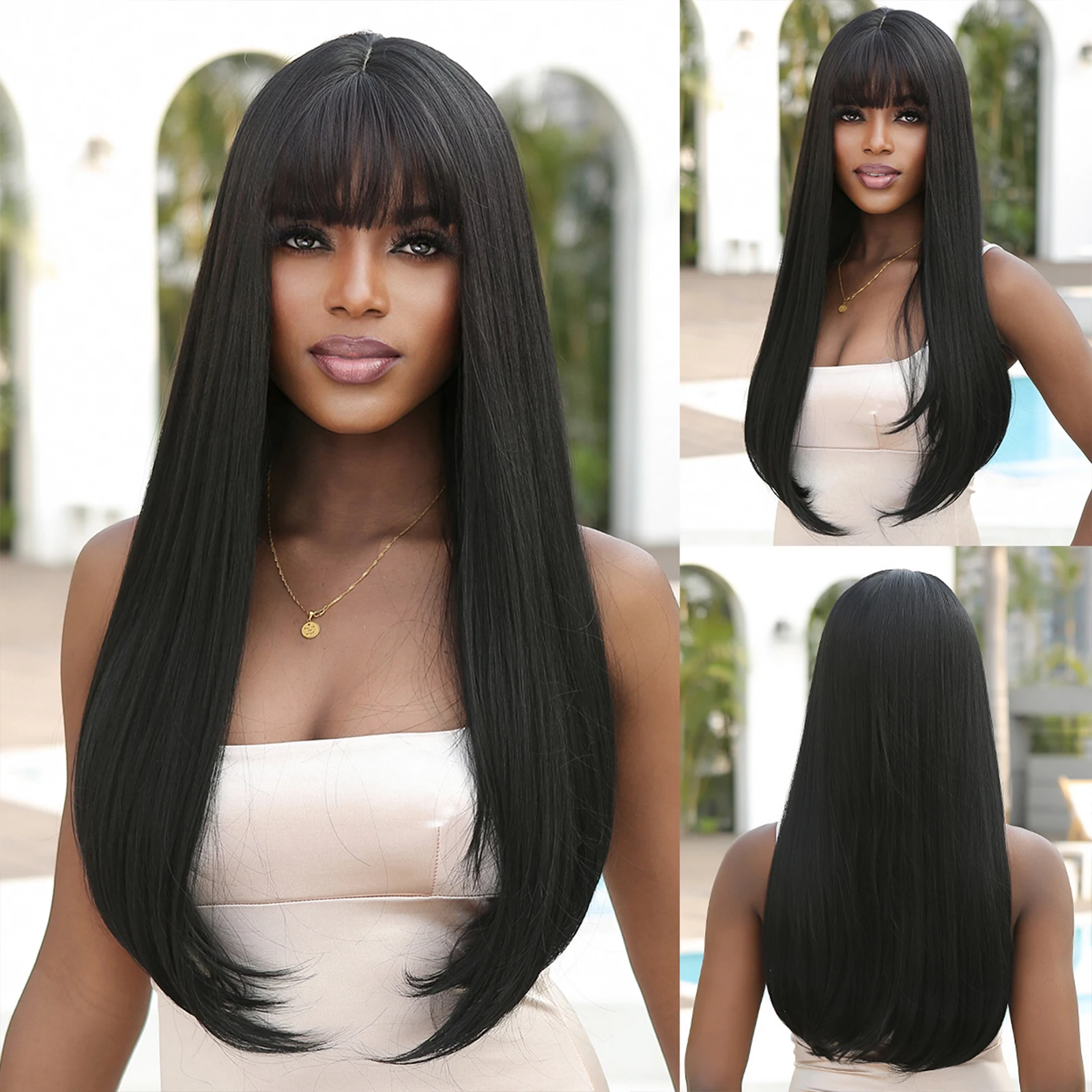 

HAIRCUBE Long Straight Black Wigs for Black Women Synthetic Wigs with Bangs Fashion Daily Natural Heat Resistant Fiber Hair Wig