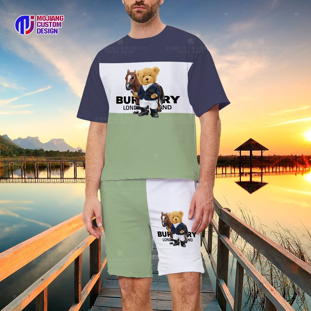 Summer Colorblock T-Shirt and Shorts Set Luxury Brand Short Sleeve Men's T-Shirt Bear Print Top T-Shirt Set of 2