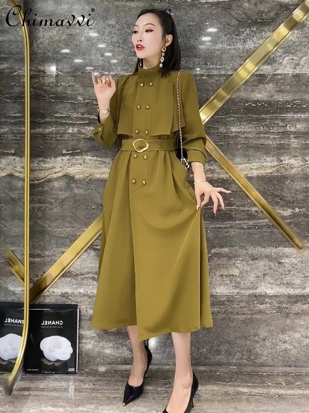 

European Station 2023 Spring Clothes New Elegant Tied High Waist Double Breasted Dress Fashion Mid-Length Temperament Midi Dress