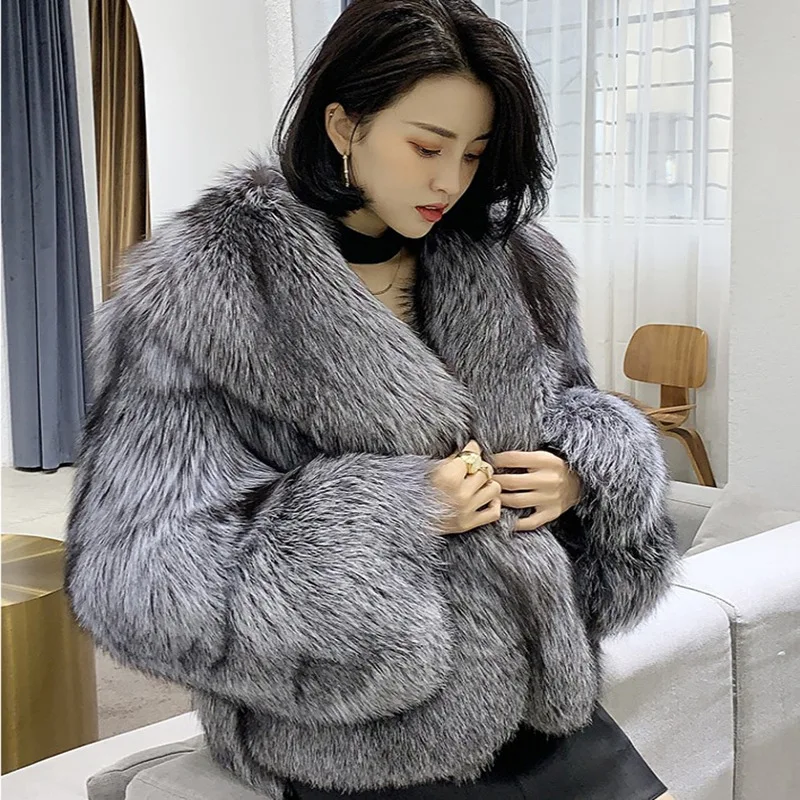 2022 Winter New Imitation Fox Fur Coat Women's Short Fashion Coat Young Silver Fox Fur Lapel Coat Encryption Thickened Faux Fur