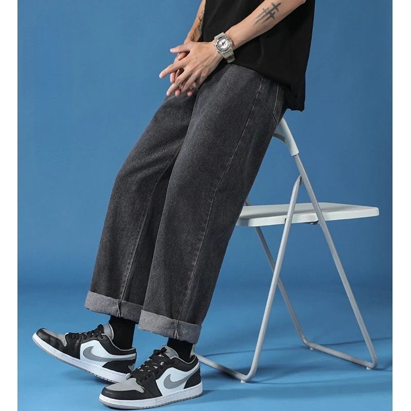 Streetwear Jeans Men's Fashion Solid Color Denim Straight-Leg Pants Trousers Summer Casual Loose Button Mid Waist Wide Leg Jeans