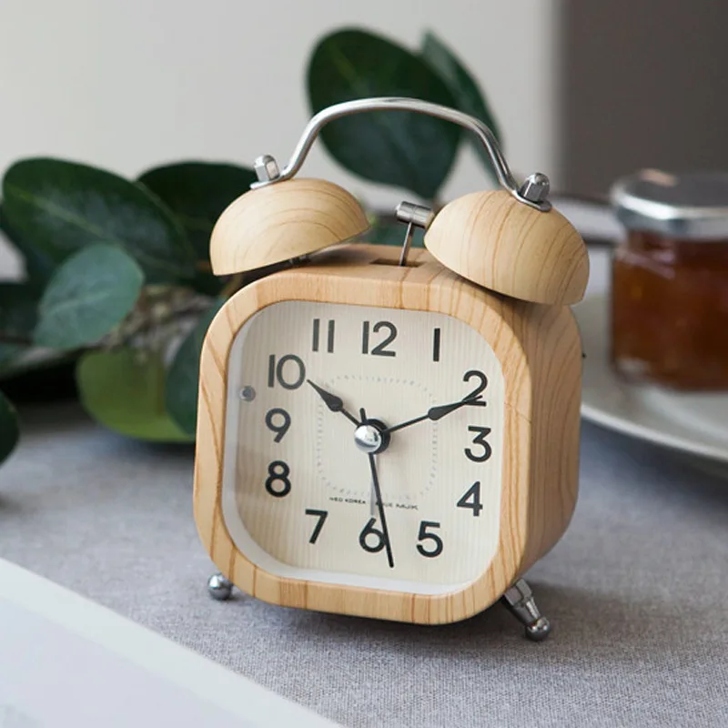 

Korean Bedside Alarm Clock Creative Student Mini Cute Double Ling Wooden Alarm Clock Luminous Silent Simple Retro