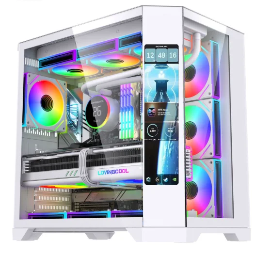 Фото Чехол для игрового ПК ATX из закаленного стекла с полной поддержкой башни, жидкостный охладитель 360, чехол для настольного компьютера с ЖК-экраном №2