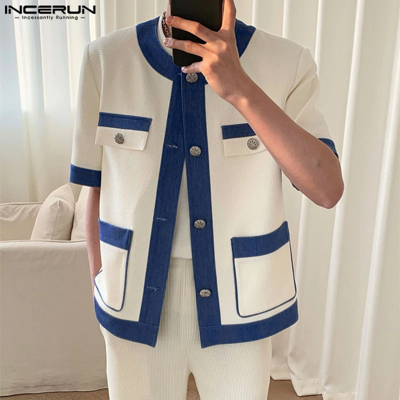 

INCERUN Tops 2023 Korean Style Men's Contrasting Color Patchwork Pocket Shirts Casual O-neck Palace Short Sleeved Button Blouse