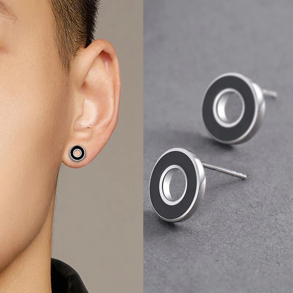 

925 Silver Needle Black Hollow Circle Earrings for Teens Ear Piercing Stud Women Men Trend Unusual Party Jewelry