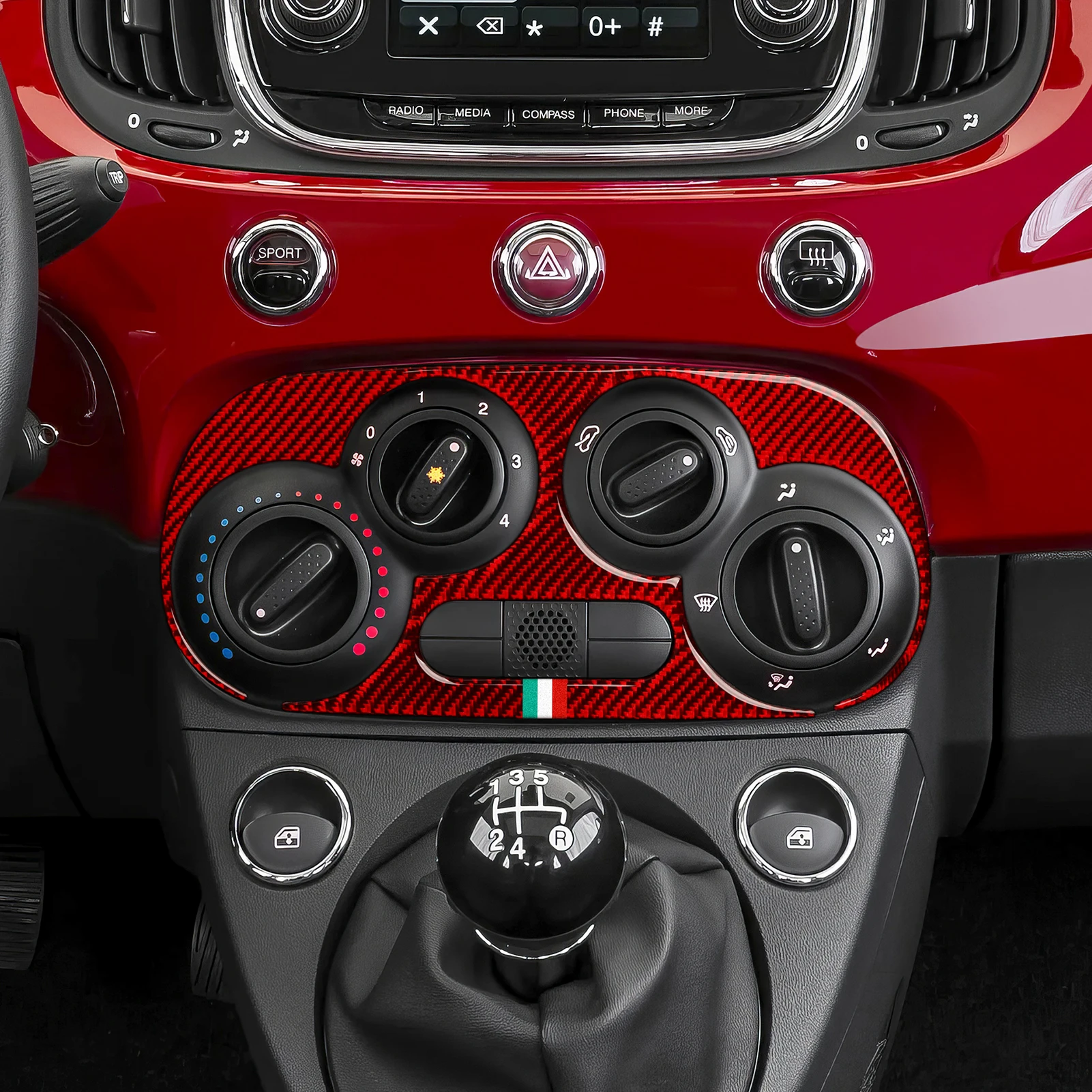 Фото Панель рулевого колеса для Fiat Abarth 500, 500C, 500e, 595, 695. Панель управления переключением передач на консоли. Мягкая красная наклейка из углеродного волокна для интерьера №5