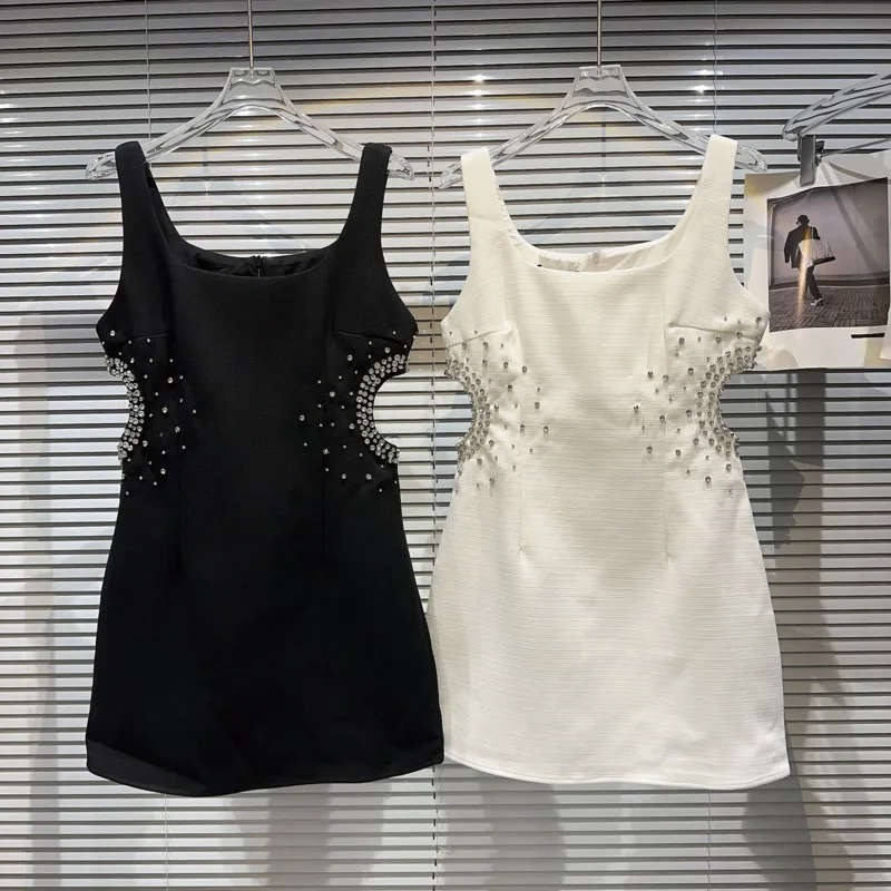 

BORVEMAYS 2023 Autumn New Sleeveless Solid Color Knee-length Hollow Out Diamonds Temperament Elegant Dress Women WZ3773