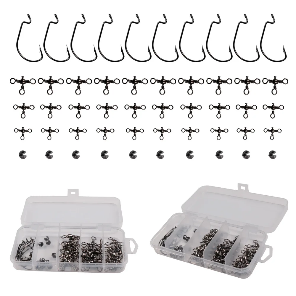 

50PCS Fishing Hooks Long Handle Worm Barbed 3 Way Barrel Cross Line Fishing Swivel Splt Shot Rig Set