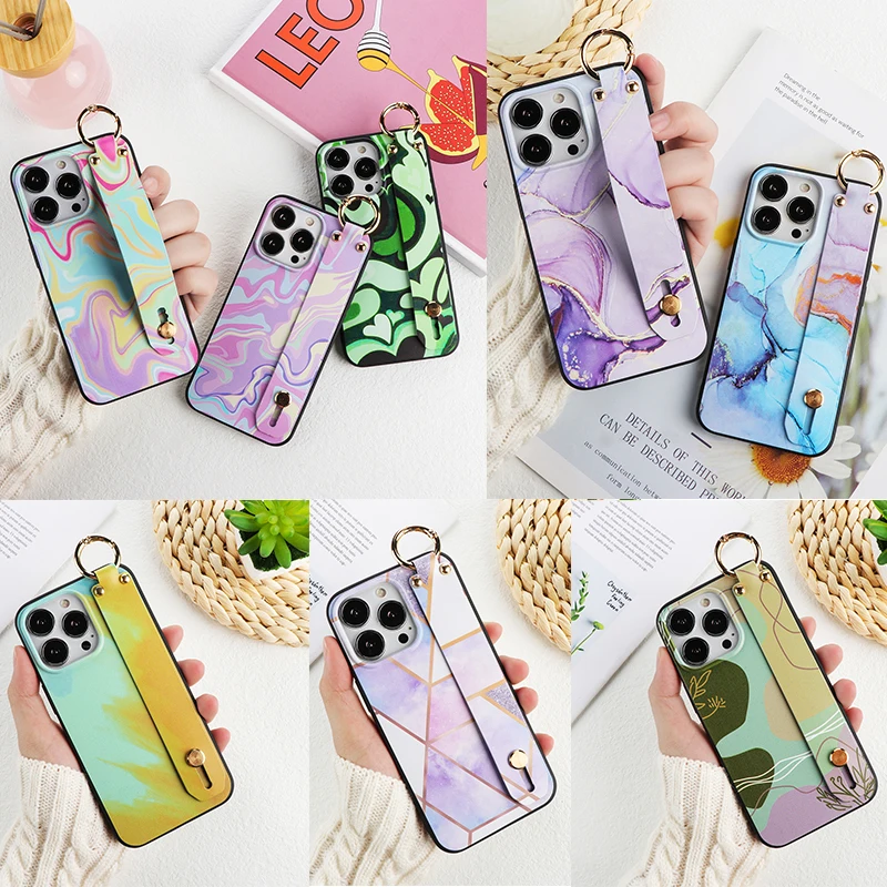 

Wristband Holder Case For Samsung Galaxy S10 S10e S21 S20 FE S22 Ultra S9 Plus S8 A40 A31 A20e A03S A02S Marble Art Ripple Cover