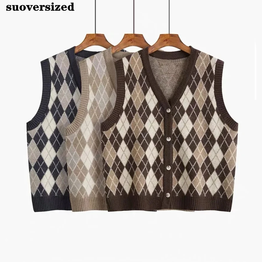 

Винтажный клетчатый женский свободный свитер с V-образным вырезом, жилет, куртка без рукавов, вязаный Топ, жилет, повседневный жилет в Корейс...