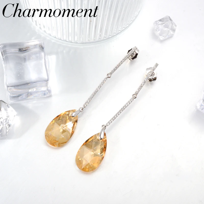 

Charmoment Jewelry Geometry Long Drop Hanging Earrings Ag Yellow Blue Crystal Women Girl Ear Studs Wedding Ear Ornament 2022 New