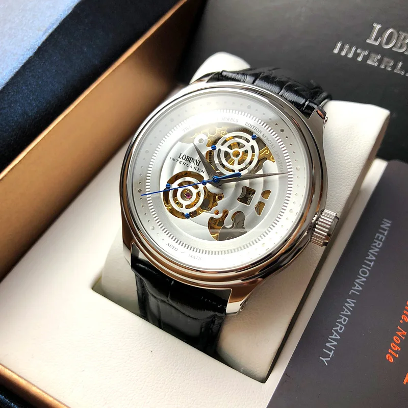 Часы-скелетоны LOBINNI мужские автоматические водонепроницаемые механические с