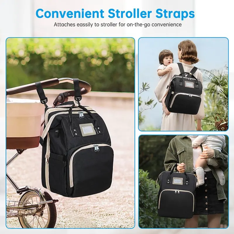 Diaper Bag Backpack, Multifunctional Baby Changing Bag with Foldable Crib & Insulated Milk Bottle Pocket, Large Capacity Travel