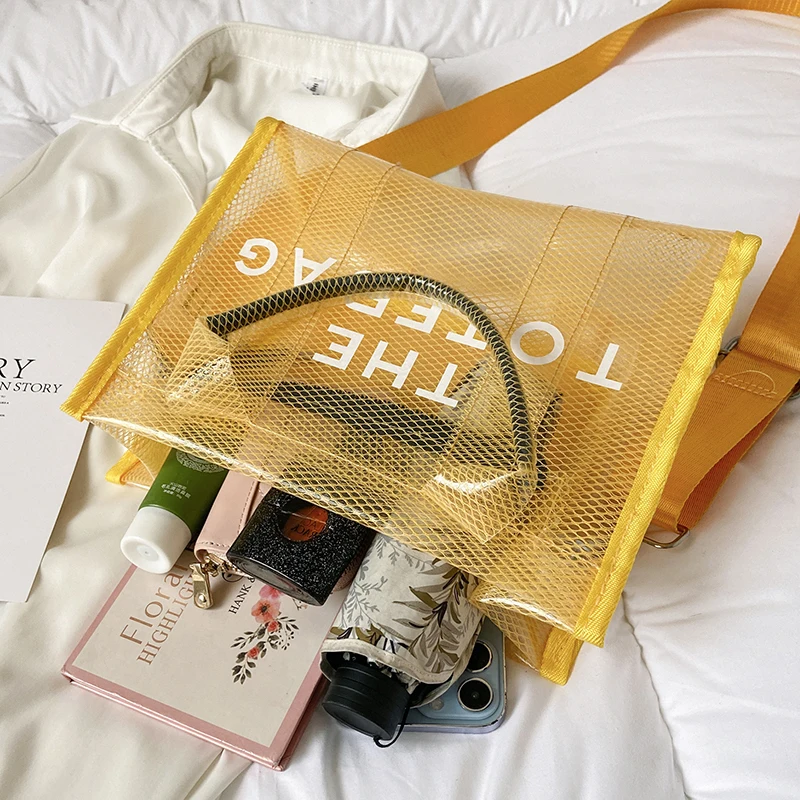 Women White Jelly Shoulder Bag PVC Transparent Ladies Mesh Tote Bags Letter Print Waterproof Female Summer Seaside Beach Handbag