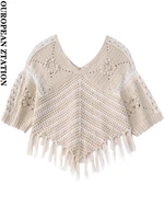 pailete women 2022 fashion with fringing knit poncho sweater vintage v neck short sleeves female waistcoat chic tops