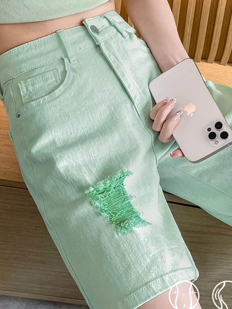 Vintage High Waist Perforated Jeans Loose Straight Crop Pants 2023 Summer New Fashion Women'S Clothing