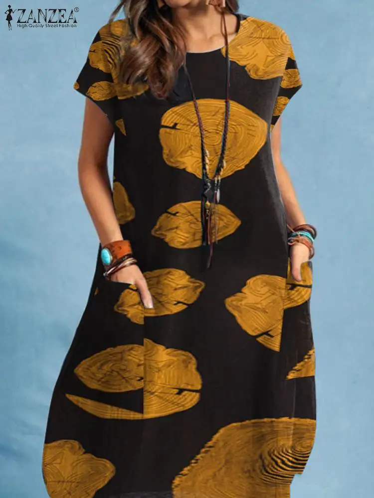 

Women O Neck Short Sleeve Knee-length Sundress 2022 ZANZEA Summer Vintage Printed Dress Robe Femme Casual Loose Vestidos Kaftan