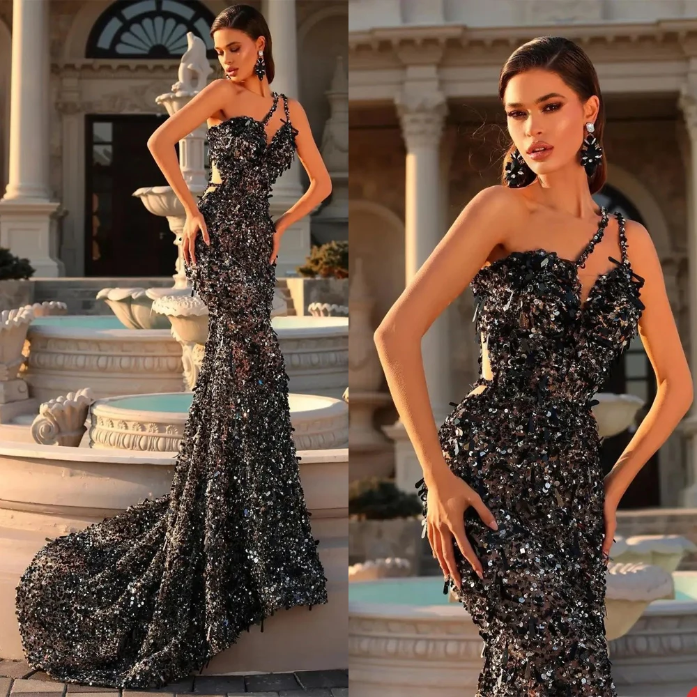 

Black Mermaid Prom Dresses Saudi Arabia Sequined Sexy One Shoulder Sparkly Evening Gowns Robe Formal Party Dress Sweep Train