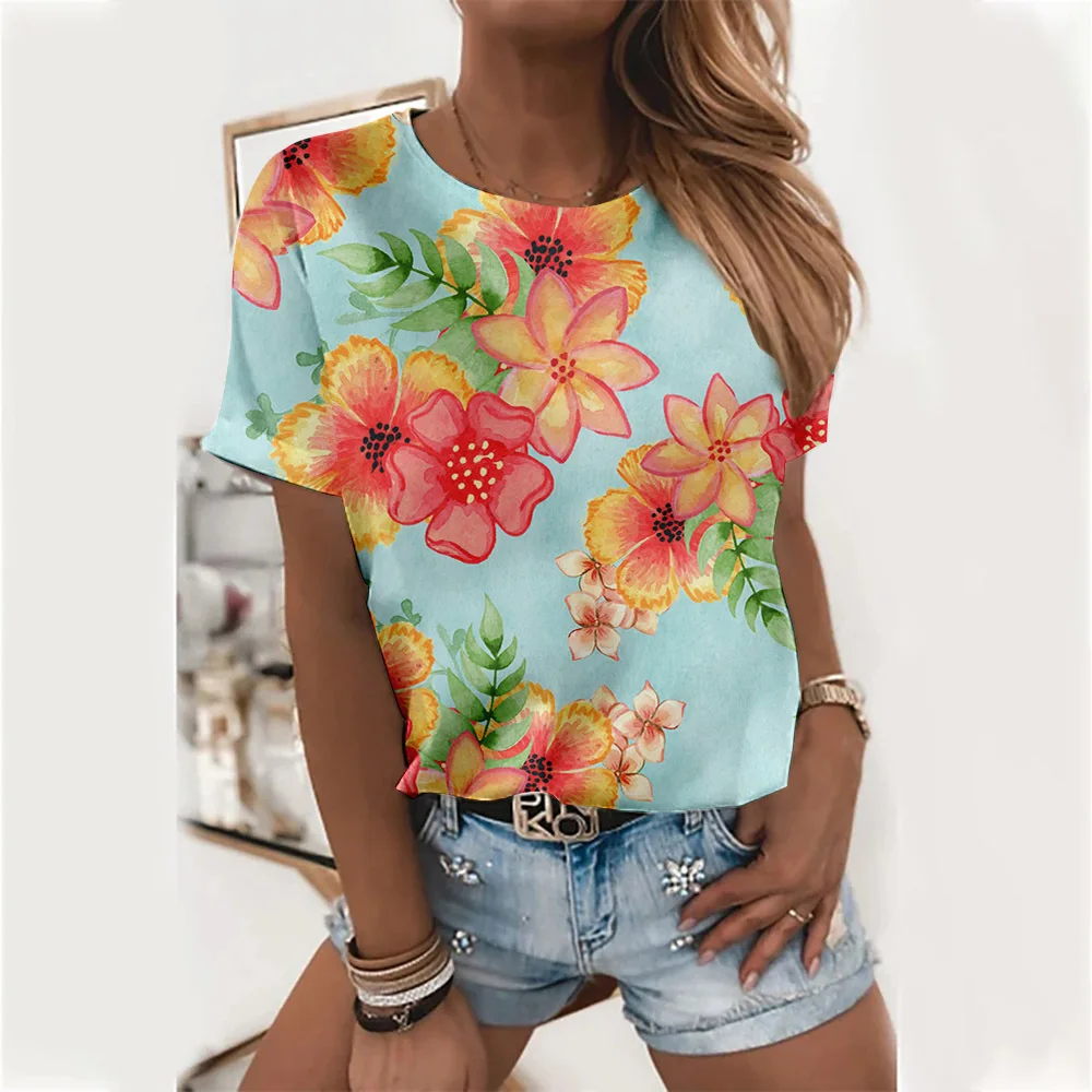 Женская футболка с коротким рукавом, Повседневная Свободная Универсальная футболка с цветочным принтом, с принтом пейзажа и растений, лето ...