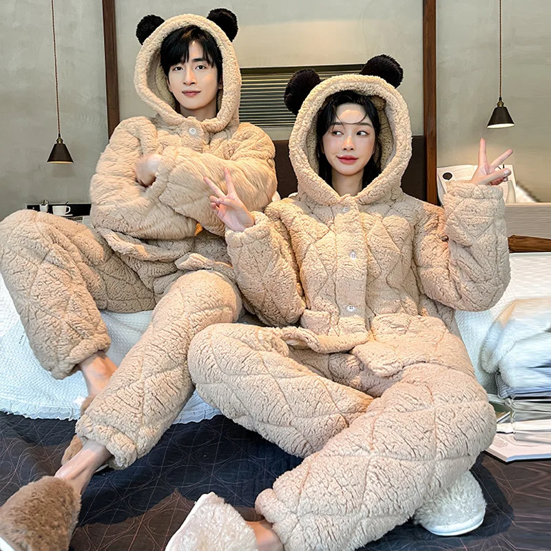 Couple 2PCS Pajamas Set Winter New Berber Fleece Women Sleepwear Nightwear Home Clothes Men Casual Thick Quilted Sleep Suit Warm