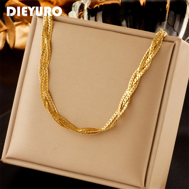 

DIEYURO 316L Stainless Steel Gold Color Triple Chain Crossover Necklace For Women New Trend Girls Neck Choker Jewelry Gifts