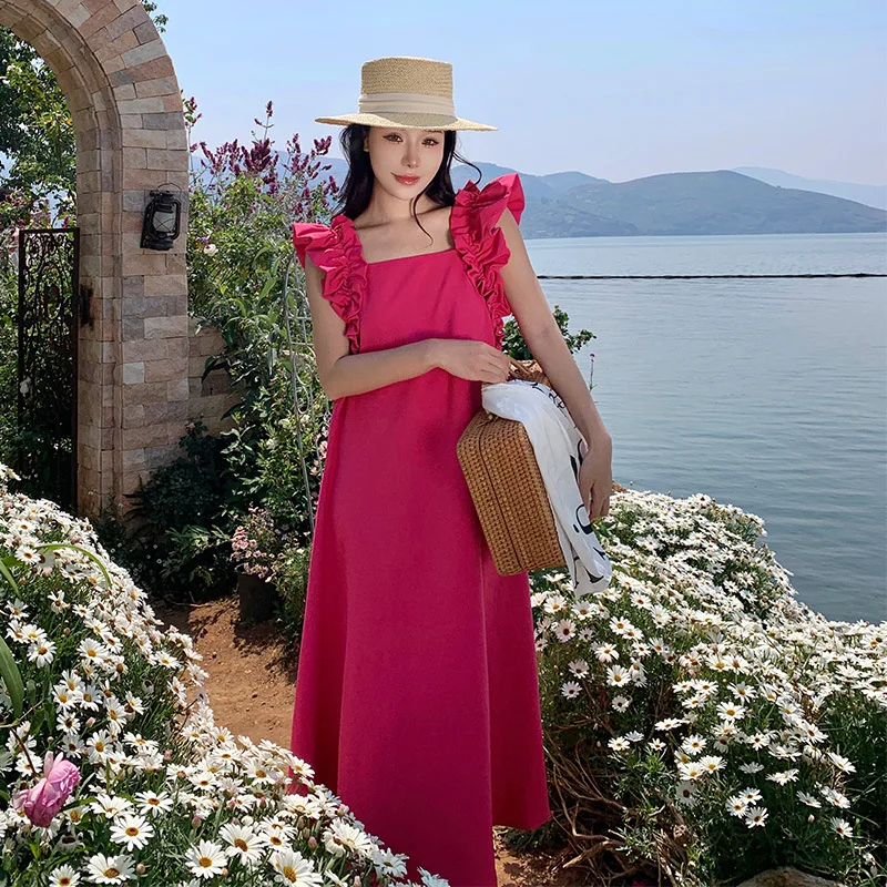 

TFETTERS Brand Summer Dress 2023 Fashion Casual French Gentle Neon Pink Sleeveless Loose Dress New Date Beach Holiday Long Dress