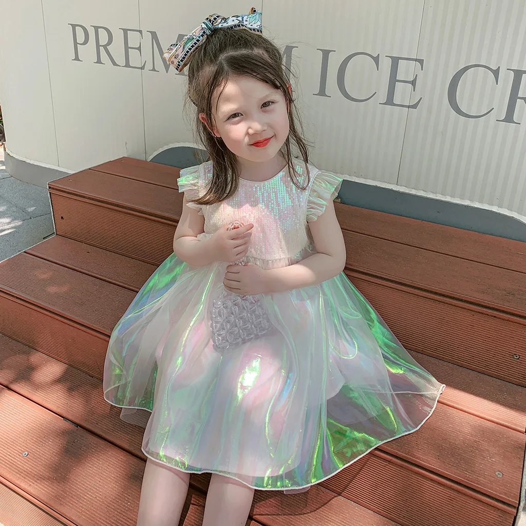 

Платье принцессы с блестками для маленьких девочек; Летние Детские платья с рукавами-крылышками для дня рождения и свадьбы; От 3 до 8 лет мила...