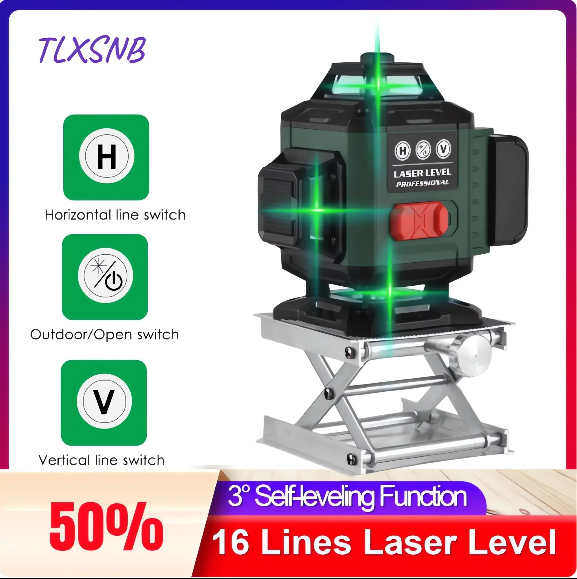 

360° Horizontal & Vertical Level Laser with 3000mAh Li-ion Battery Laser Level Self-leveling 12 Lines Green Laser Levels Machine