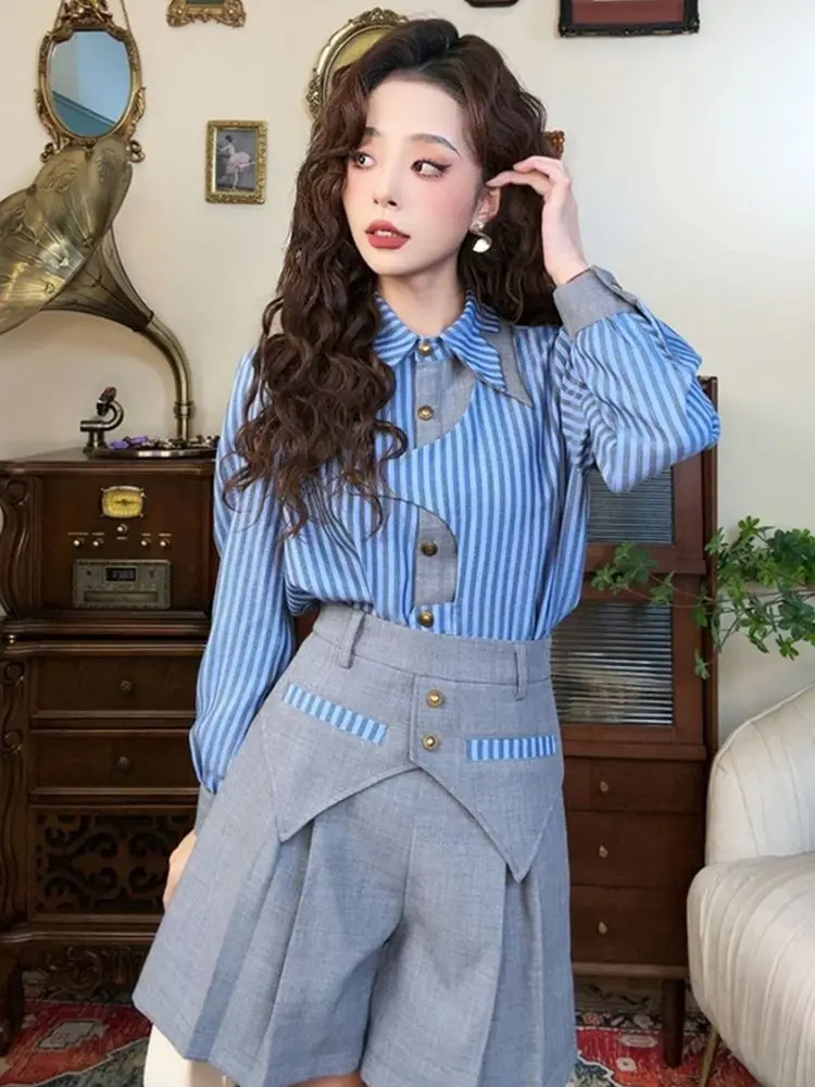Новинка весны 2024 Модная ретро Гонконгская полосатая рубашка с высокой талией