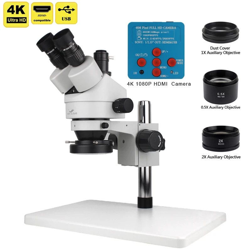 

1080P 48MP 4K HDMI USB Camera 7X-45X 3.5X-90X Simul-Focal Stereo Trinocular Zoom Microscope 0.5x 2.0x Auxiliary Objective Lens